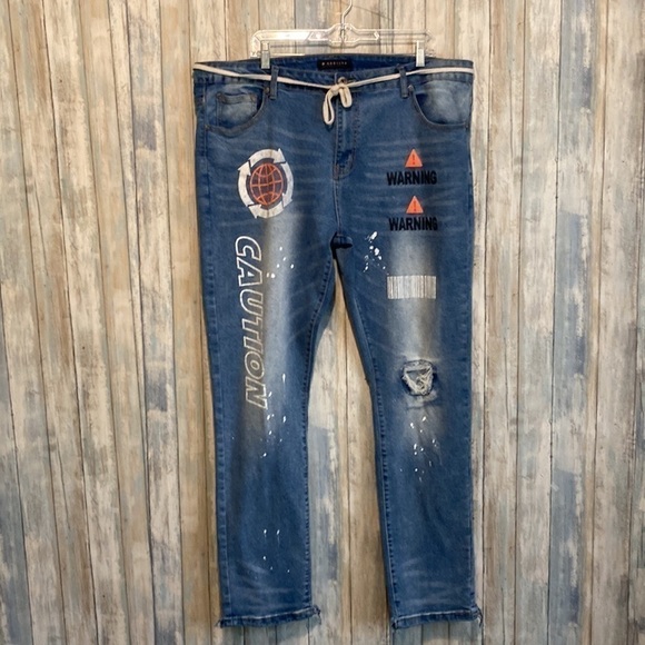 M society Mens Graphic Slim Jeans With Drawstring Waist Cord | 42x32 - Picture 5 of 12